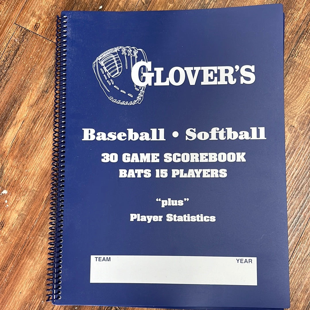 Glovers baseball and softball 30 game scorebook bats 15 players plus player statistics